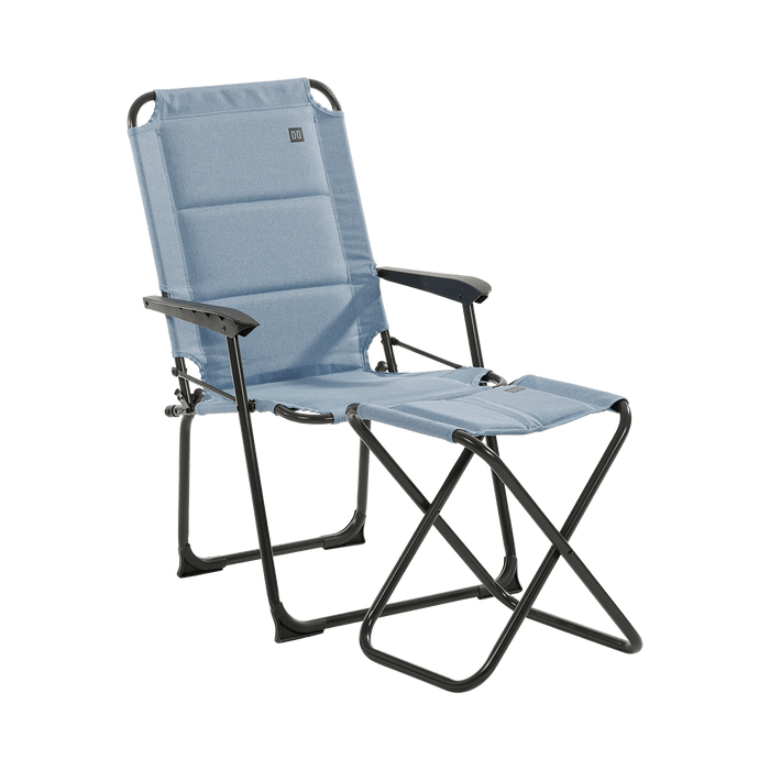 Travellife Lago Compact Camping Chair Wave Blue - product image, showing a light blue fabric outdoor lounge chair with a black metal frame, on a plain white background.