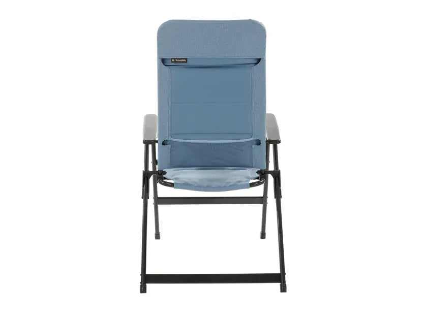 Travellife Lago Recliner Comfort Chair Wave Blue - product image, showing a light blue folding camping chair with a black metal frame, shown from the back against a plain white background.