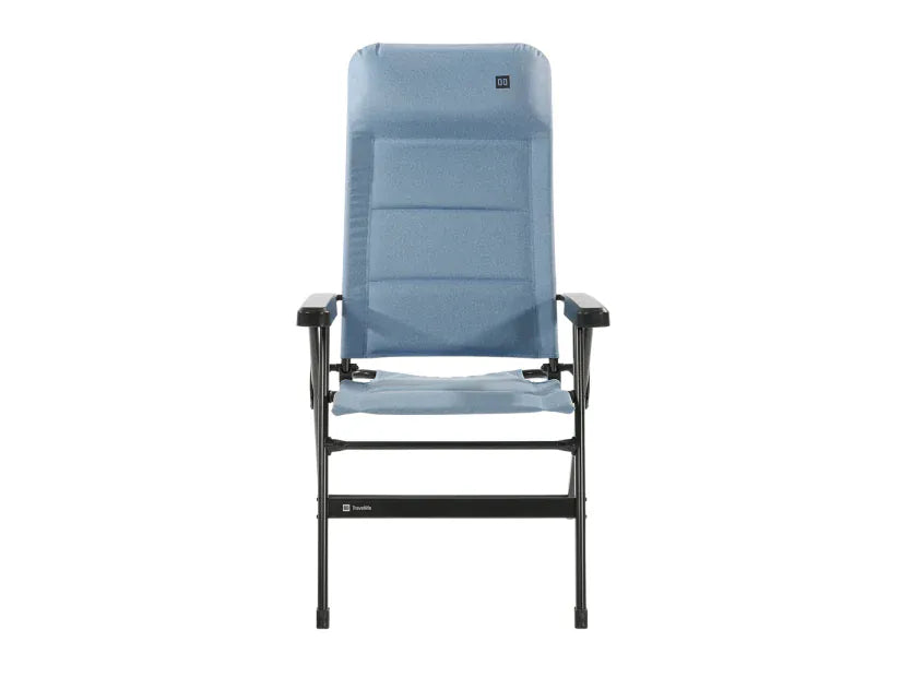 Travellife Lago Recliner Comfort Chair Wave Blue - product image, showing a light blue outdoor lounge chair with a black metal frame, shown from the front against a plain white background.
