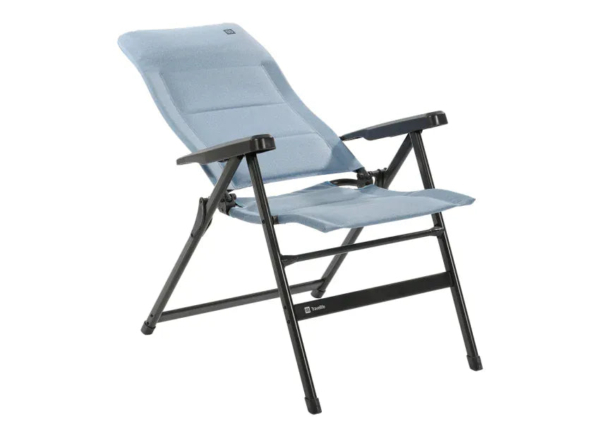 Travellife Lago Recliner Comfort Chair Wave Blue - product image, showing a light blue fabric reclining lounge chair with a black metal frame, shown on a plain white background.