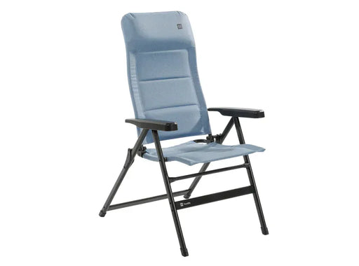 Travellife Lago Recliner Comfort Chair Wave Blue - main product image, showing a light blue outdoor lounge chair with a black metal frame and armrests, shown from a three-quarter angle on a white background.