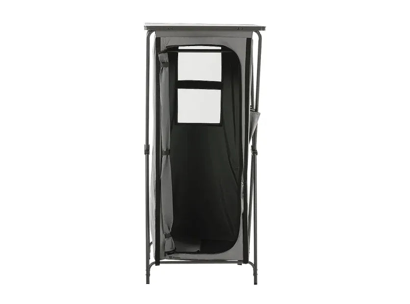 Travellife Toledo High Folding Camping Storage Unit – product image, showing a portable privacy tent with a black mesh door, gray fabric walls, and a black metal frame, shown against a plain white background.