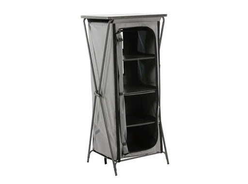 Travellife Toledo High Folding Camping Storage Unit – main product image, showing a grey fabric-covered portable shelving unit with a metal frame, shown on a plain white background.