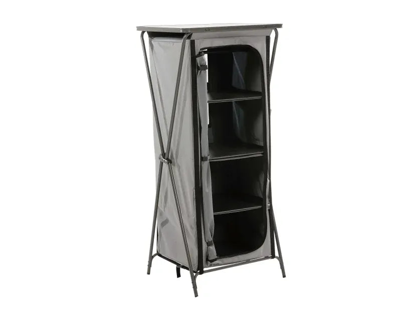 Travellife Toledo High Folding Camping Storage Unit – main product image, showing a grey fabric-covered portable shelving unit with a metal frame, shown on a plain white background.