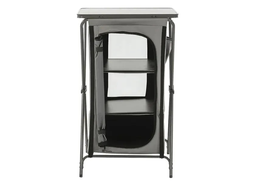 Travellife Toledo Low Foldable Camping Storage Unit – Dark Grey - product image, showing front-on view of erected storage unit with door tied back, showing internal shelves and rear mesh window