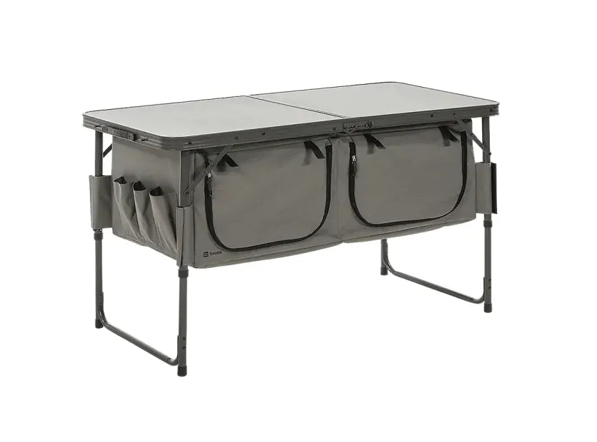 Travellife Toledo Wide Folding Camping Storage Unit – product image, showing a grey folding camp table with two front storage bins and side pockets, shown on a plain white background.