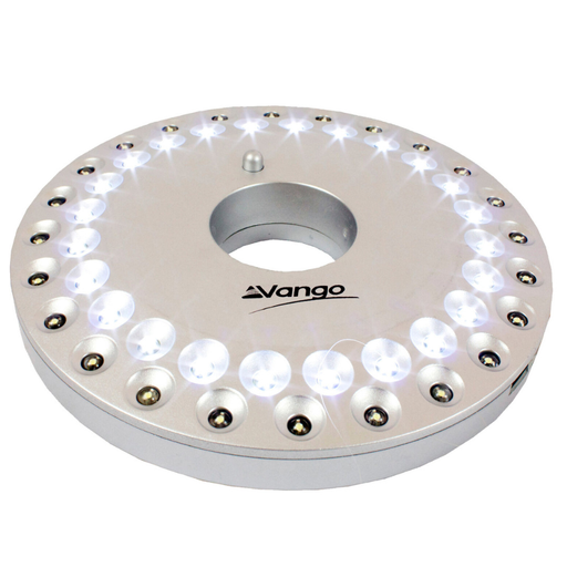Vang Light Disc - Camping Hanging Light with 48 LEDS main feature image of silver light with LEDs on and vango logo next to hole in middle 