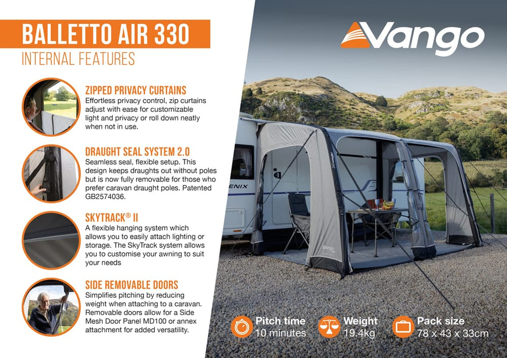 Vango Balletto Air 330 Inflatable Caravan Porch Awning - 2026 Model - internal features infographic