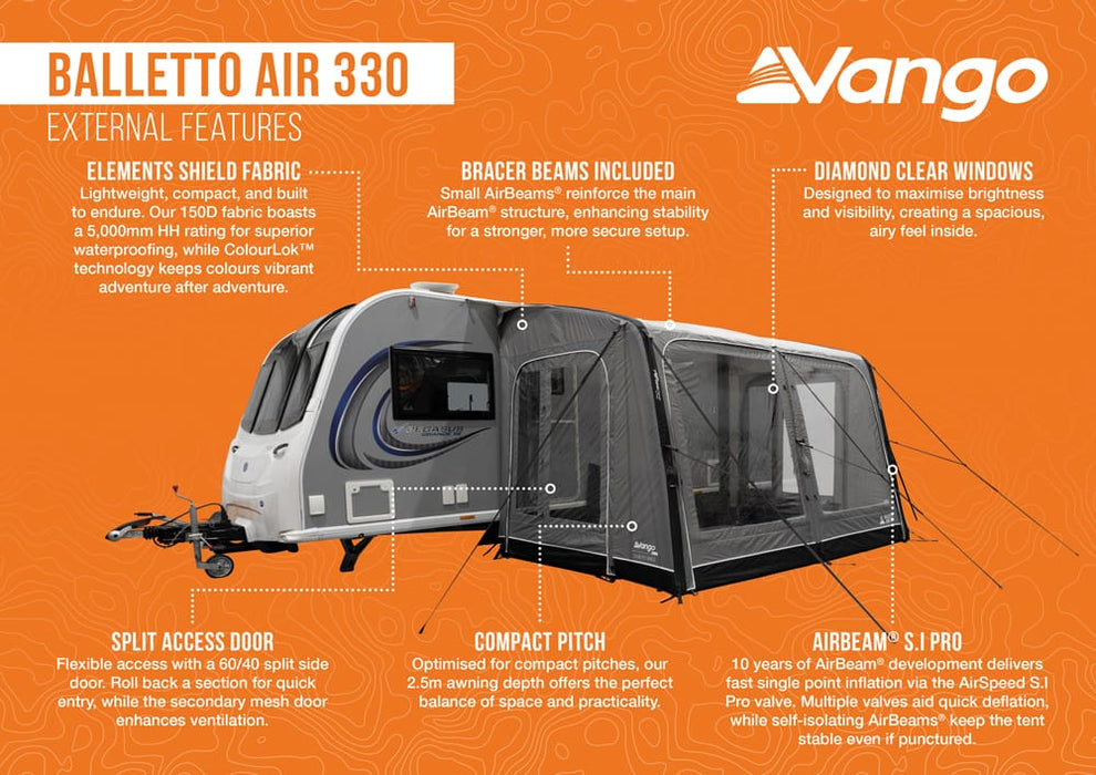 Vango Balletto Air 330 Inflatable Caravan Porch Awning - 2026 Model - external features infographic