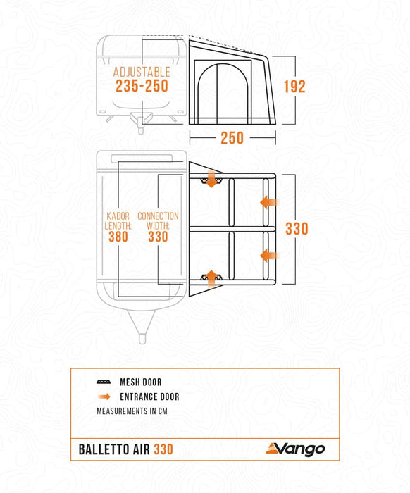 Vango Balletto Air 330 Inflatable Caravan Porch Awning - 2026 Model - floorplan infographic
