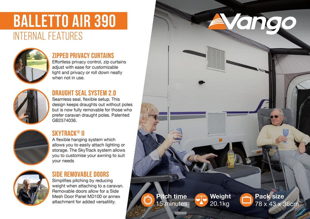 Vango Balletto Air 390 Inflatable Caravan Porch Awning - 2026 Model - internal features infographic