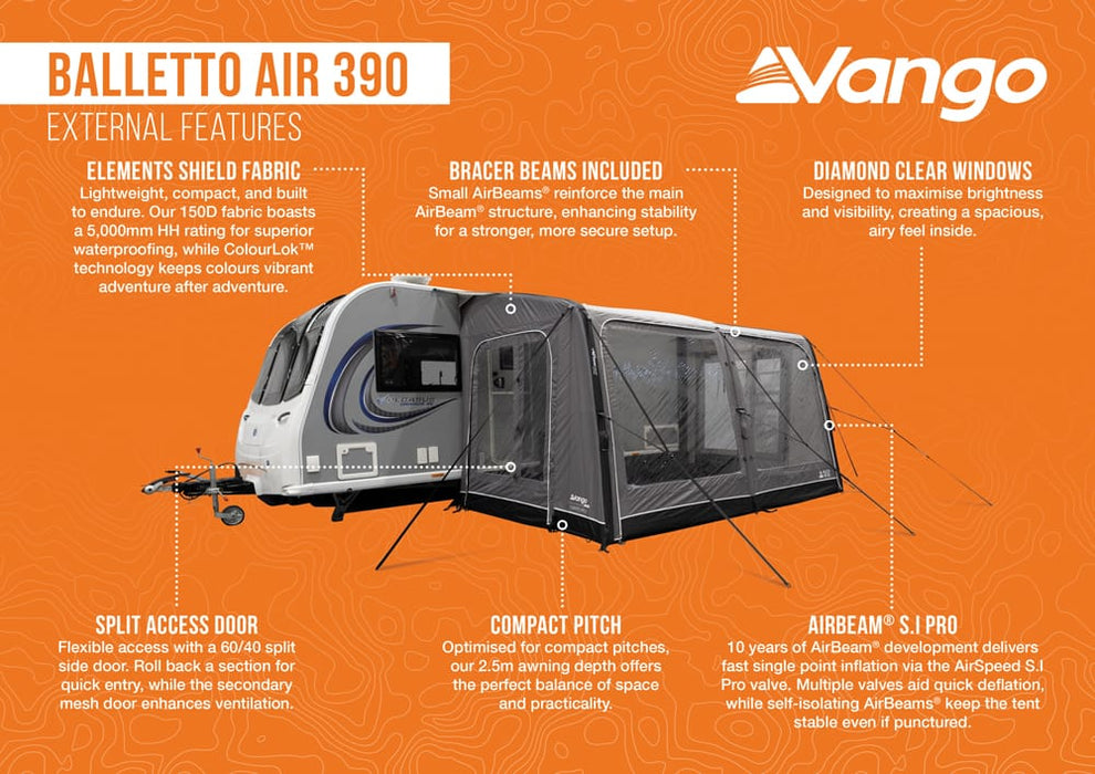 Vango Balletto Air 390 Inflatable Caravan Porch Awning - 2026 Model - external features infographic