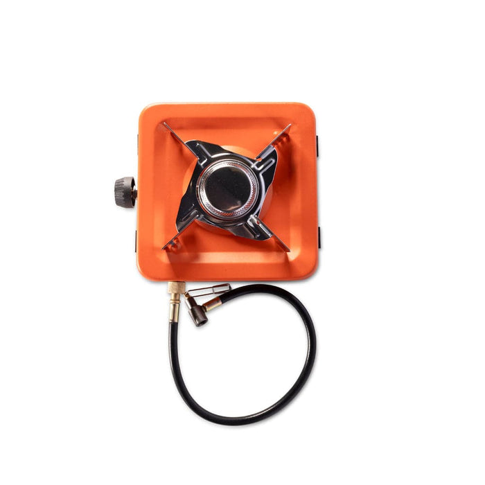 Vango Blaze Single Burner Camping Stove - product image, shown from bird's eye view with PVC hose attached
