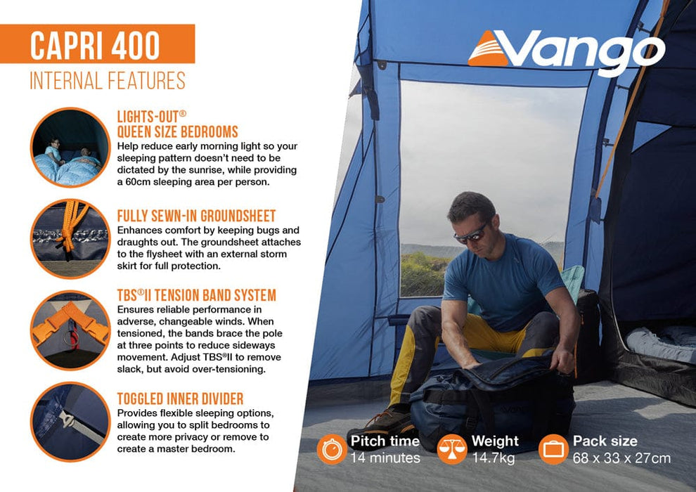 Vango Capri 400 4-Person Camping Tent - product internal features infographic