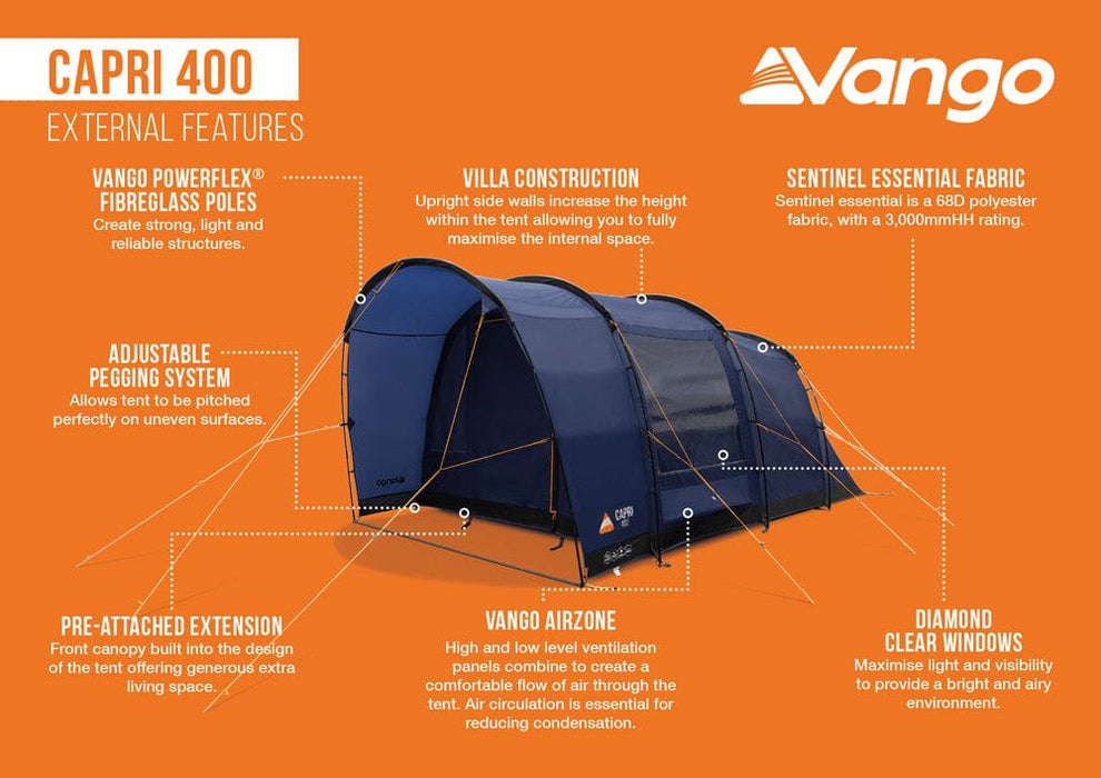 Vango Capri 400 4-Person Camping Tent - product external features infographic