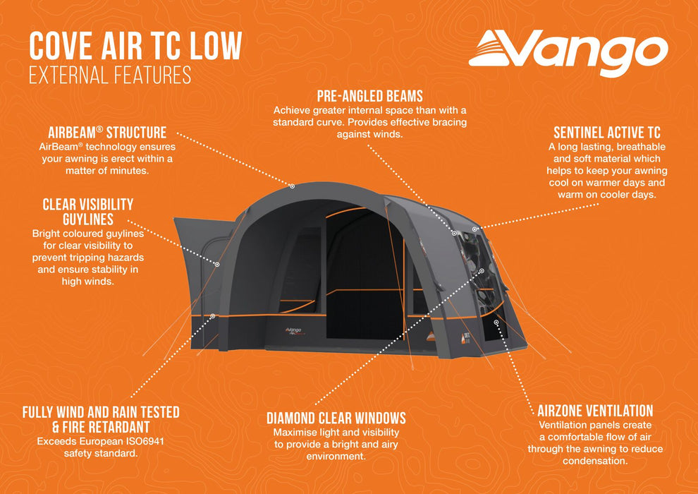 Vango Cove Air TC Inflatable Drive Away Awning Grey - Low  external feature infographic