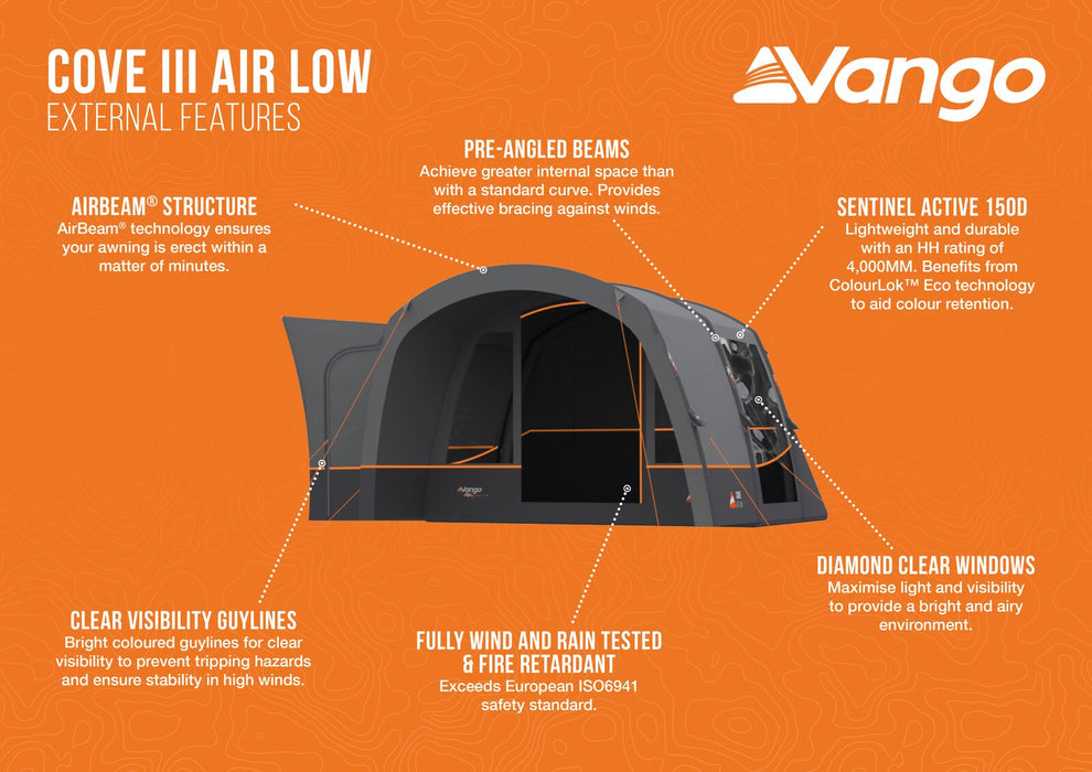 Vango Cove III Air Inflatable Drive Away Awning Smoke Grey - Low external infographic for cove. airbeam structure, sentinel active 150D, Clear visibility guylines, diamond clear windows and fully wind and rain tested & fire retardant 