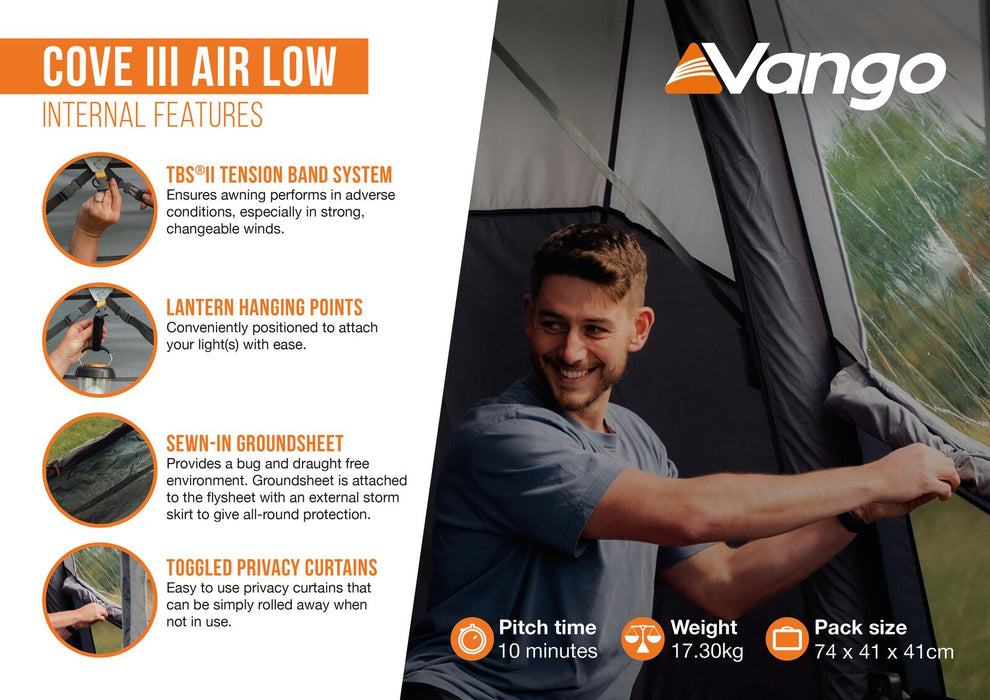 Vango Cove III Air Inflatable Drive Away Awning Smoke Grey - Low internal feature infographic tension band stystem, lantern hanging points, sewn in groundsheet and toggled privacy curtains