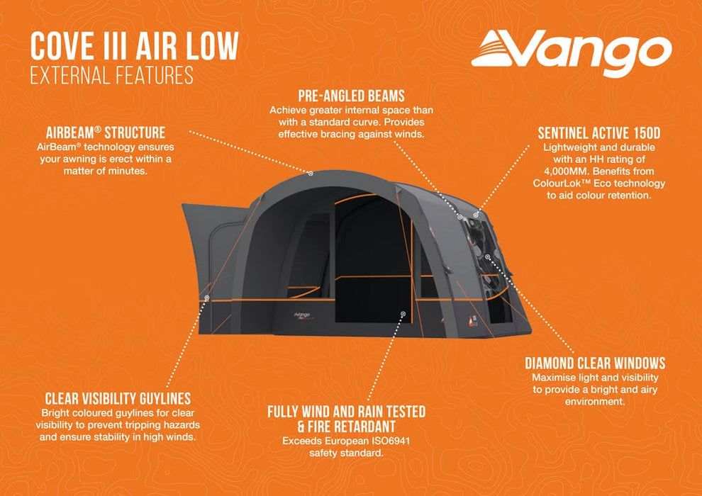 Vango Cove III Air Low Inflatable Drive Away Awning - product external features infographic