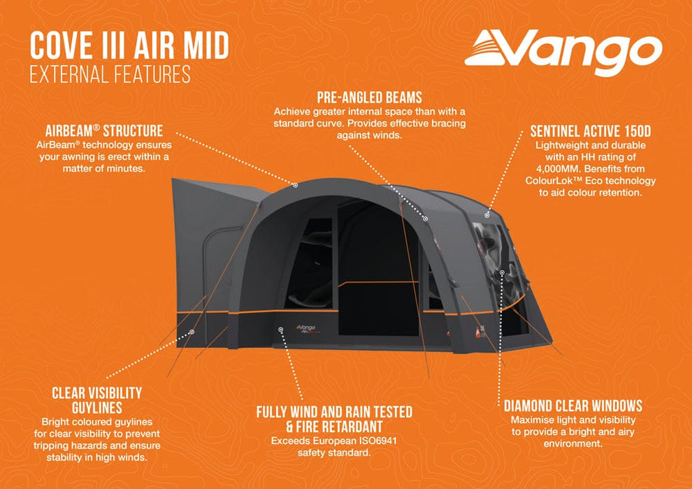 Vango Cove III Air Mid Inflatable Drive Away Awning - product external features infographic