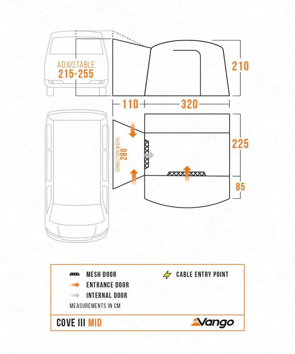 Vango Cove III Mid Drive Away Campervan Awning - product diagram infographic