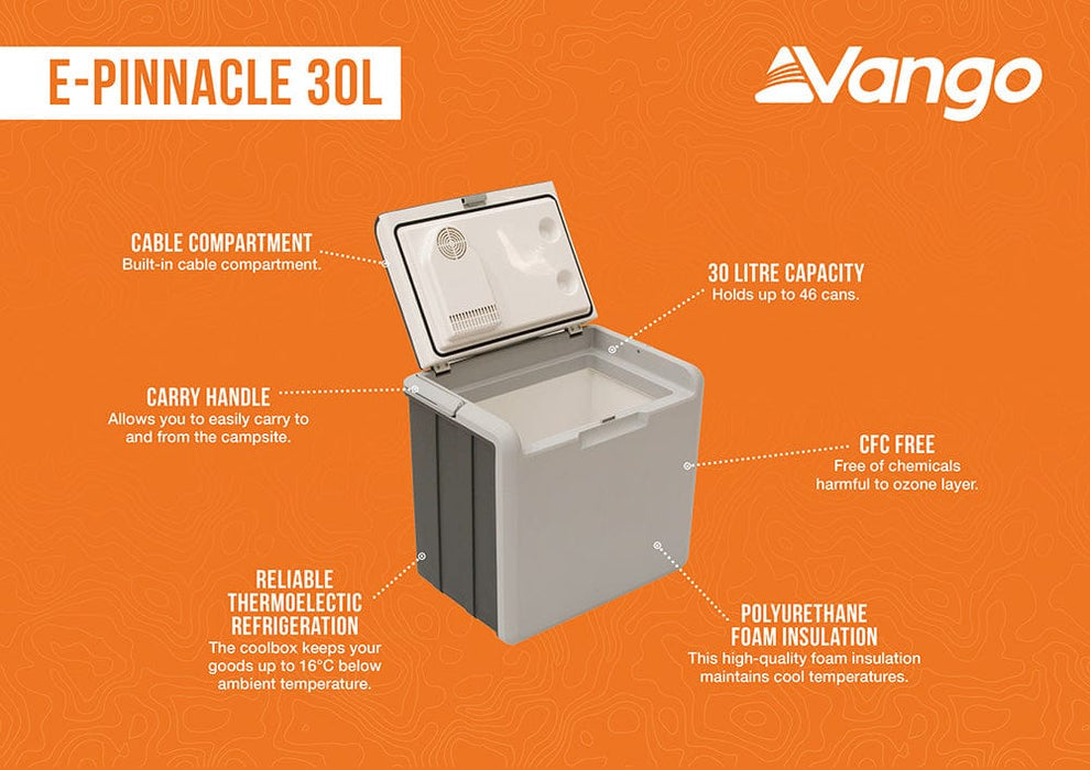 Vango E-Pinnacle 30L 12V & 230V Electric Cool Box - 2026 Model - product infographic