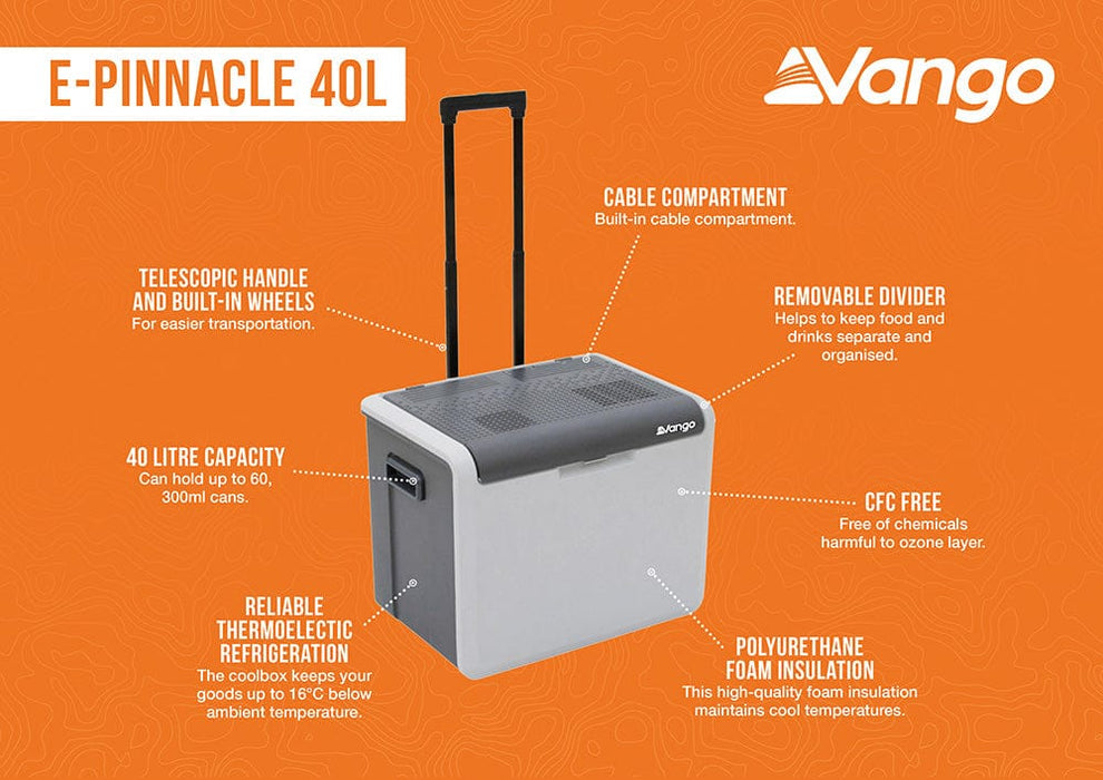Vango E-Pinnacle 40L 12V & 230V Electric Cool Box - product infographic