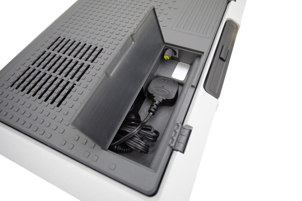 Vango E-Pinnacle 40L 12V & 230V Electric Cool Box - product image, showing close-up of electrical plug in dedicated compartment