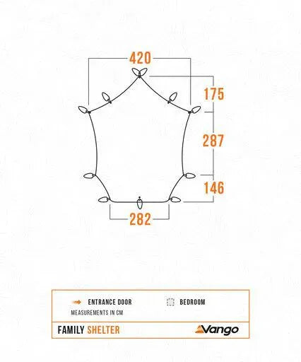 Vango Family Shelter Tent Canopy with Adjustable King Pole - product diagram with dimensions