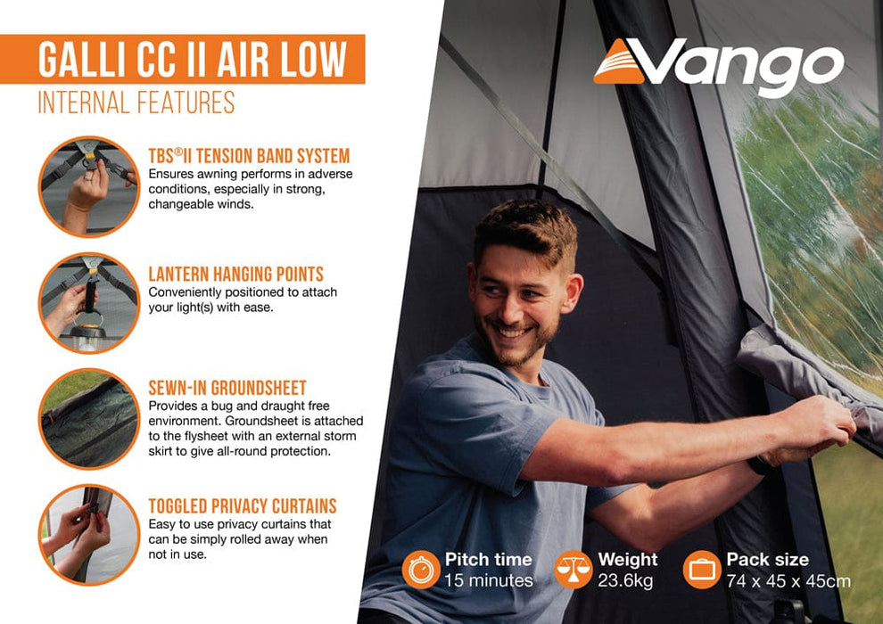 Vango Galli CC II Air Low Drive Away Campervan Awning - internal features infographic