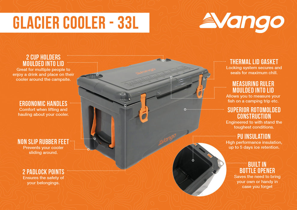 Vango Glacier 33 Litre Camping Cool Box infographic of features of cool box
