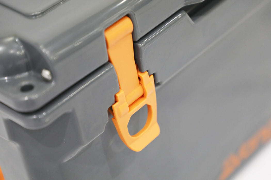 Vango Glacier 33 Litre Camping Cool Box feature image of the left corner of the cool box with orange buckle catch closed