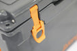 Vango Glacier 33 Litre Camping Cool Box feature image of the left corner of the cool box with orange buckle catch closed