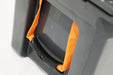 Vango Glacier 33 Litre Camping Cool Box feature image of one end showing the orange ergonomic handle with black grip handle