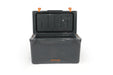 Vango Glacier 33 Litre Camping Cool Box feature image of cooler from front with lid open. showing orange vango logo central at the bottom cooler 