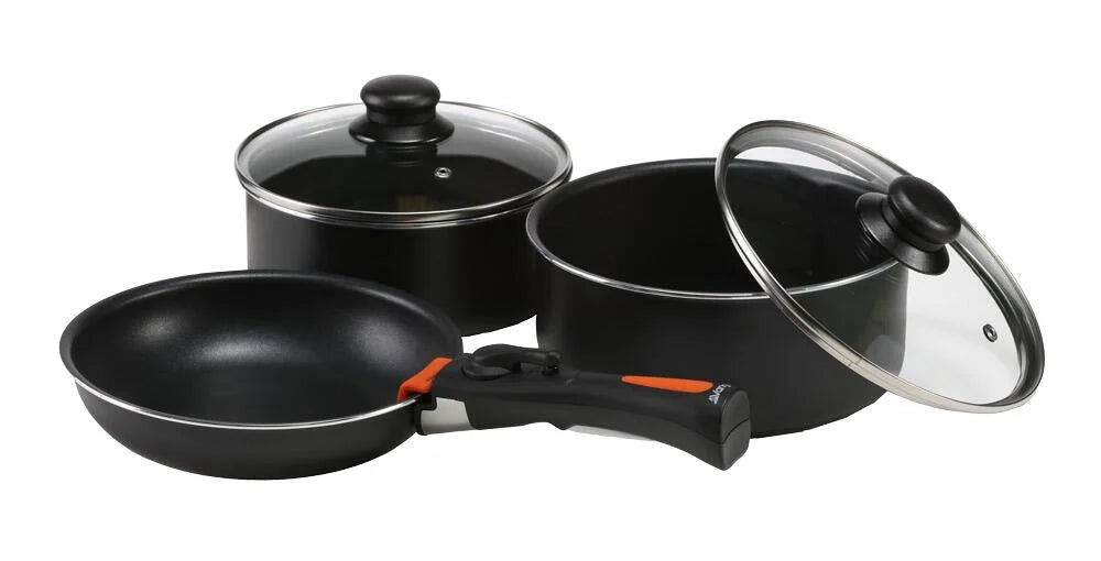 Vango Gourmet Cook Kit / Set feature image of pans with handle attached