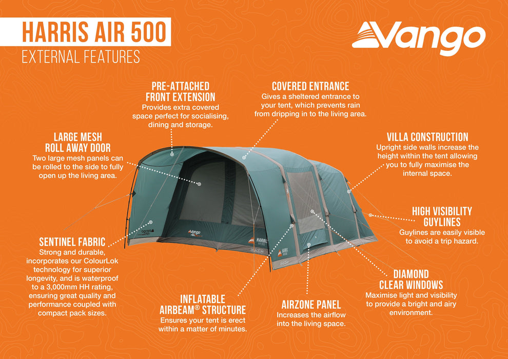 Vango Harris 500 Air 5 Berth Tunnel Tent external features image showing USPs