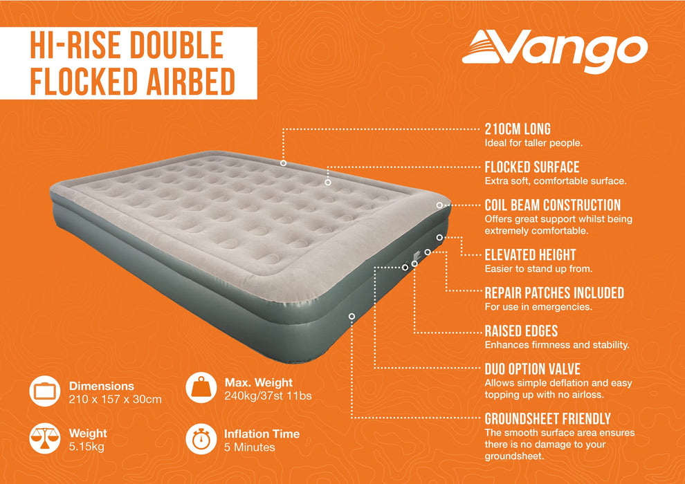 Vango Hi-Rise Double Flocked Inflatable Camping Airbed - product features infographic