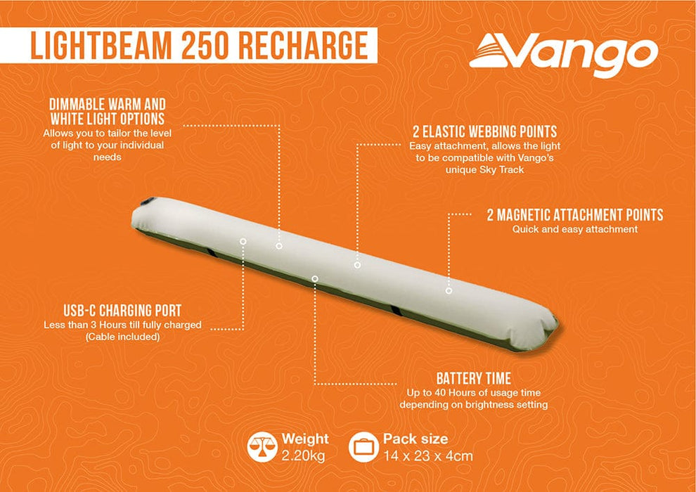 Vango Lightbeam 250 Recharge Camping Light - product features infographic