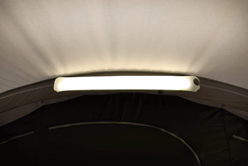 Vango Lightbeam 250 Recharge Camping Light - product image, shown in use with light turned on