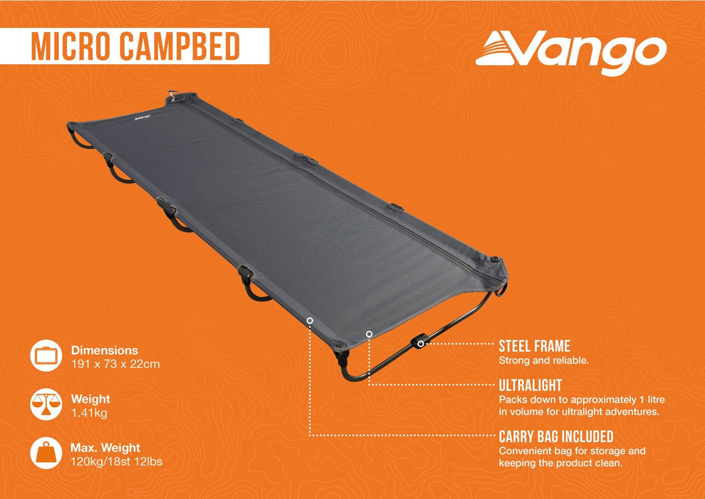 Vango Micro Folding Campbed - product features infographic