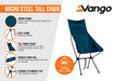 Vango Micro Steel Tall Folding Camping Chair Blue infographic of chair features