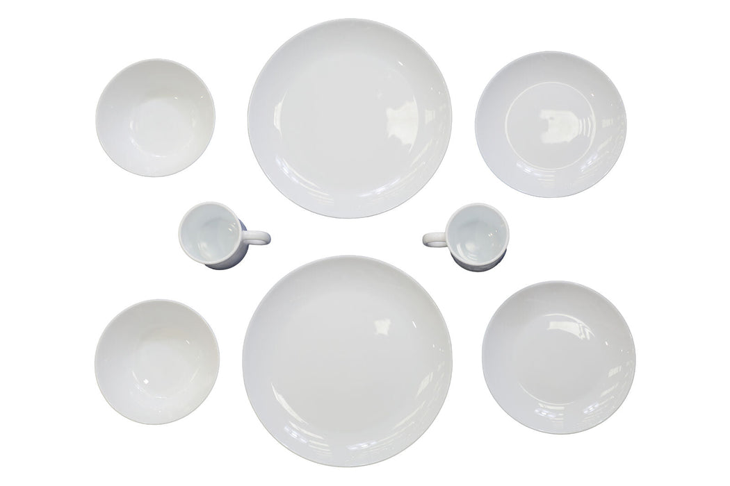 Vango Opal 8 Piece Dining Set - Tempered Glass Set in White image from above of 2 cups, 2 bowls, 2 side plates and 2 plates