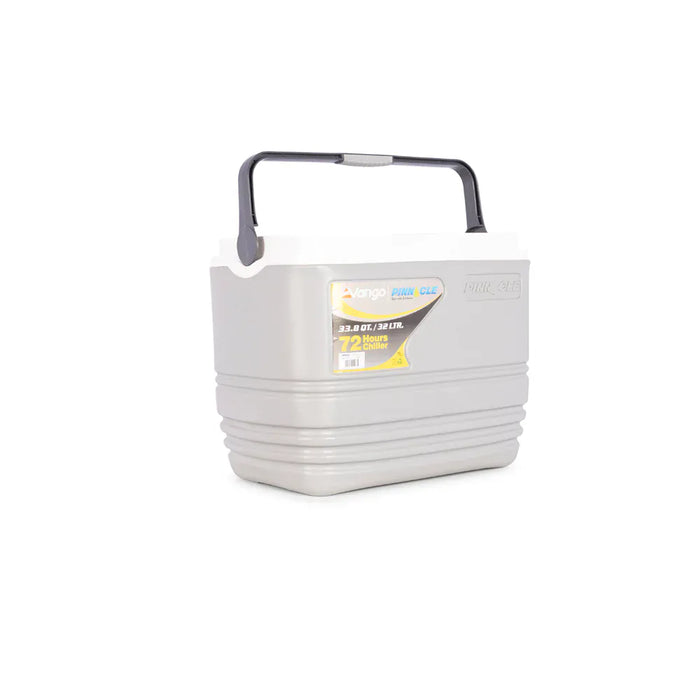 Vango Pinnacle 32L 72Hr Non Electric Camping Cool Box - Grey - product image, showing cool box from front-left side view, with lid removed and handle raised