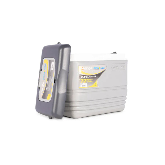 Vango Pinnacle 32L 72Hr Non Electric Camping Cool Box - Grey - product image, showing cool box from front-left side view, with lid removed leaning up against coolbox