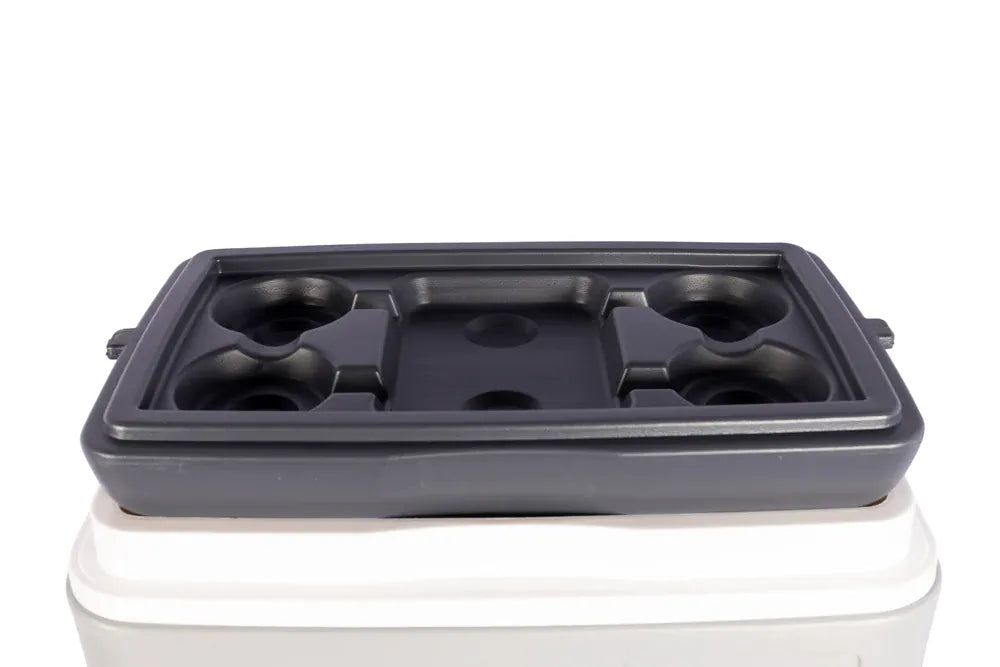 Vango Pinnacle 32L 72Hr Non Electric Camping Cool Box - Grey - product image, showing inner lid cup holders balanced on cool box
