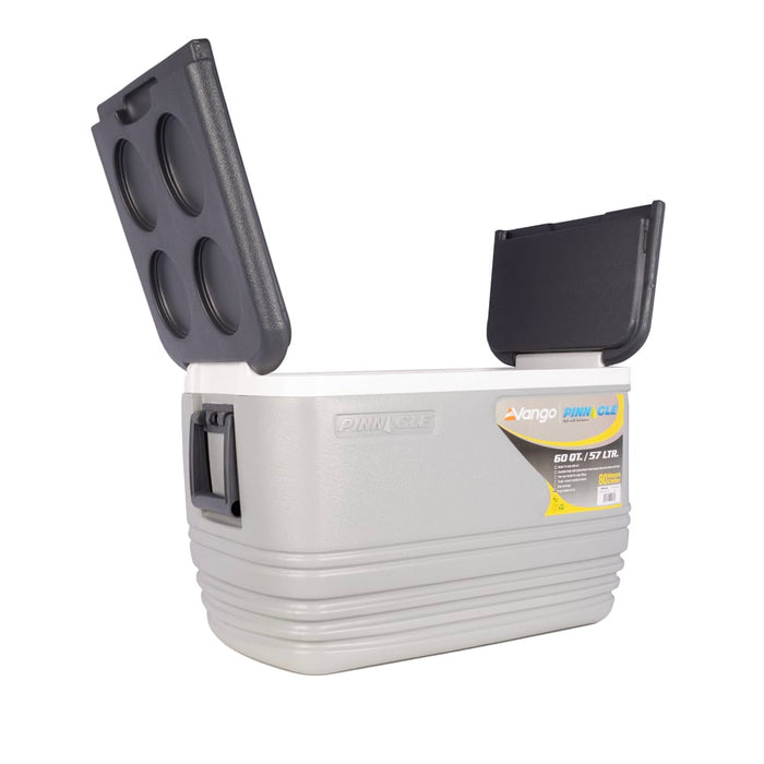 Vango Pinnacle 57 Litre 80 Hour Camping Cool Box - product image, taken from front side angle with lid opened