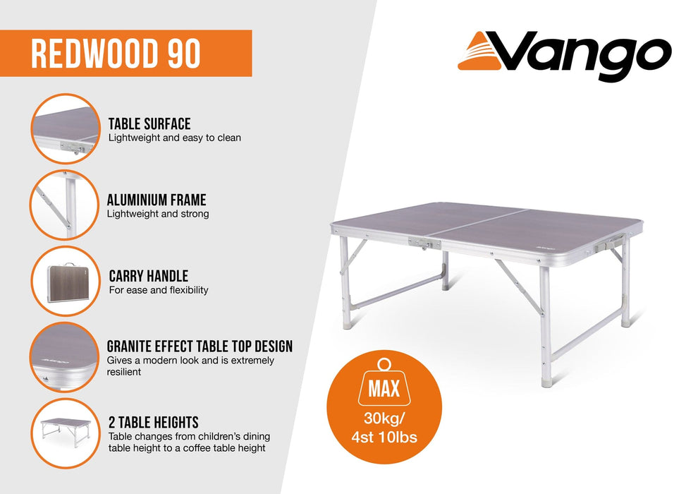 Vango Redwood Duo 60 Adjustable Camping Table - product features infographic