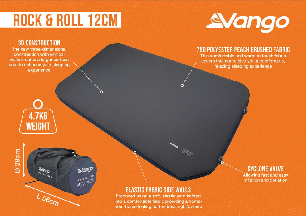 Vango Rock & Roll 12cm Self Inflating Mattress infographic of mat with 3d construction, 75d polyester peach brushed farbic, 4.7kg weight elastic fabric side walls and cyclone valve