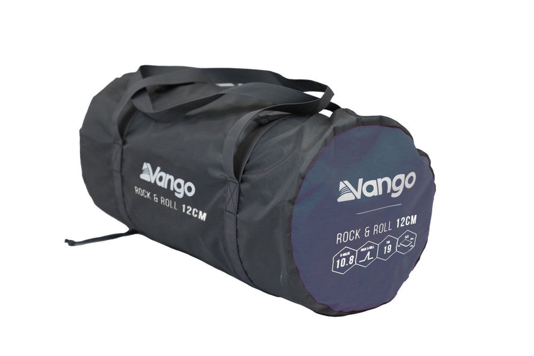 Vango Rock & Roll 12cm Self Inflating Mattress feature image of mat in carry bag, grey on side blue on the end
